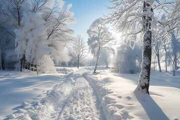 Obraz premium A snow covered path in the middle of a forest