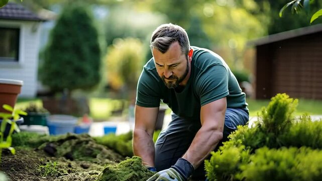 Professional lawn installer made of natural grass. A gardener installing a lawn made of natural grass Creates a beautiful lawn. Generative 4k video