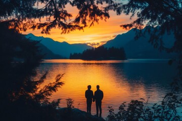 Fototapeta premium Couple holding hands enjoying breathtaking sunset over mountains and lake