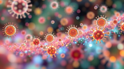 A colorful, abstract representation of viruses in a cosmic backdrop, illustrating the microscopic world of pathogens in dynamic motion.