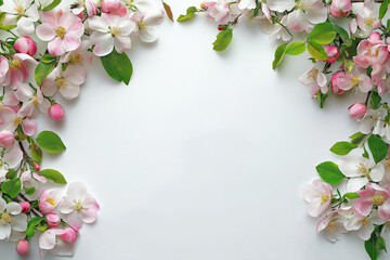 Obraz premium Beautiful Spring Border with Blooming Apple Tree Flowers on White Background and Floral Frame Design Featuring Pink and Green Blossoms for Springtime Templates and Creative Copy Space Generative AI