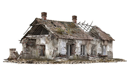 Ruined village house isolated on white background, 