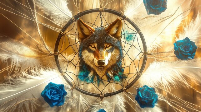 This captivating dreamcatcher features a striking wolf's head surrounded by blue roses and feathers, symbolizing protection, intuition, and strength in dreams.