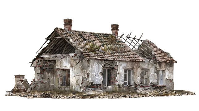 Ruined village house isolated on white background, 