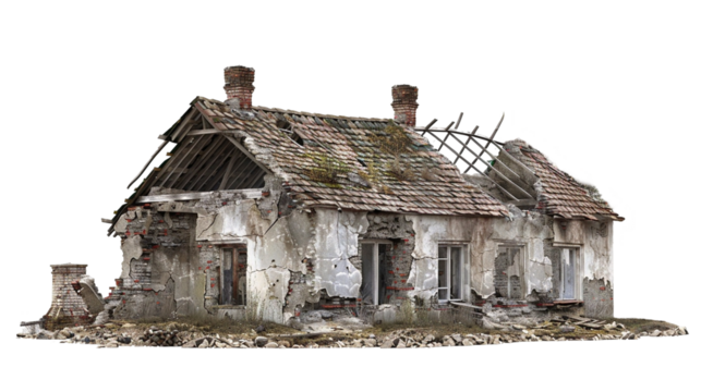 Ruined village house isolated on white background, 