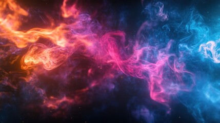 Abstract swirling vibrant smoke, red, blue, orange, pink hues on dark background.