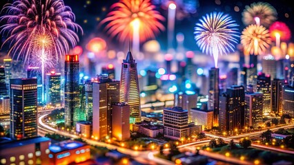 Futuristic 2025 Cityscape Fireworks Tilt-Shift, Miniature Night Scene