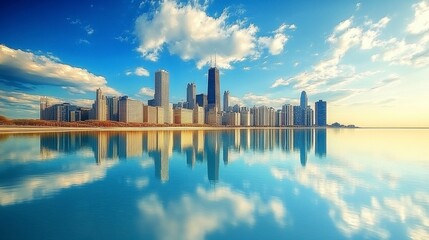 A stunning view of the Chicago skyline with iconic skyscrapers reflected on the surface of Lake Michigan.