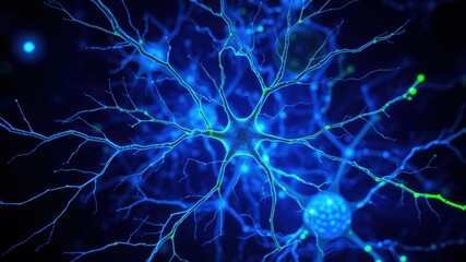 A vibrant, abstract representation of neurons with intricate branching, showcasing blue and green colors against a dark background, symbolizing connectivity in the nervous system.