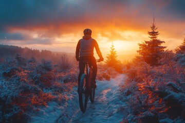 Fototapeta premium Mountain biker enjoying epic sunset in snowy winter landscape