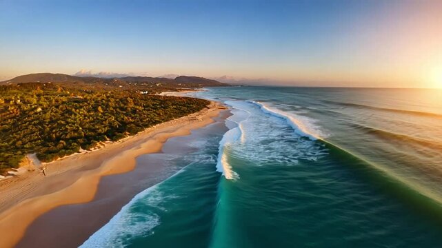 Aerial Photography Of Natural Beautiful Sunny Day beach , And Waves, sunset scape; tourism summer vacation destination scenic landscape objects travel concept
