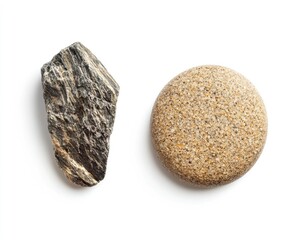 Obraz premium a round piece of sand and an ancient stone isolated on white background, detailed photo, high resolution, professional photograph, small size, top view, flat lay 
