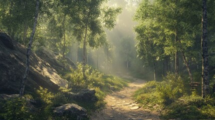 A peaceful hiking trail through a mountain forest with dappled sunlight filtering through the trees
