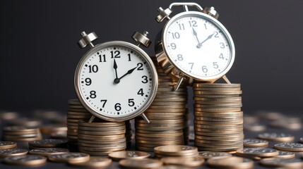 Two vintage alarm clocks are positioned on a stack of coins, symbolizing the relationship between time and money in a striking arrangement.