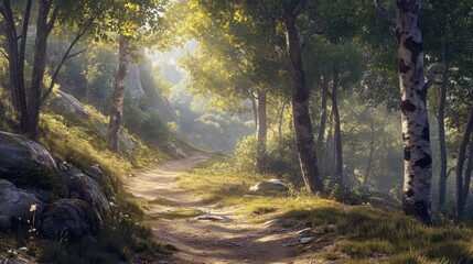 Obraz premium A peaceful hiking trail through a mountain forest with dappled sunlight filtering through the trees