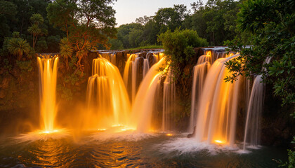 Obraz premium Luminous golden waterfall in tropical rainforest at dusk, serene beauty