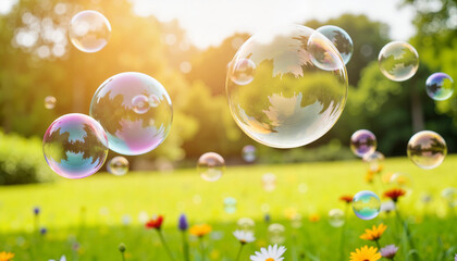 Colorful soap bubbles floating in a garden, joyful childhood memories