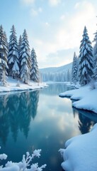 Frozen lake with ice covered trees in distance, natural, snowflakes, winter
