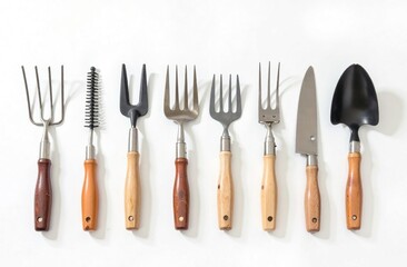 A set of gardening tools on a white background. Accessories for plant care: shovel, shovel, rake. Small garden tools for home and garden. White background.