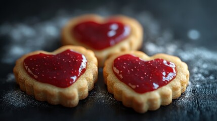 Heart shaped biscuits with strawberry jam for sweet treats and celebrations