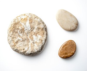 Fototapeta premium a round piece of sand and an ancient stone isolated on white background, detailed photo, high resolution, professional photograph, small size, top view, flat lay 
