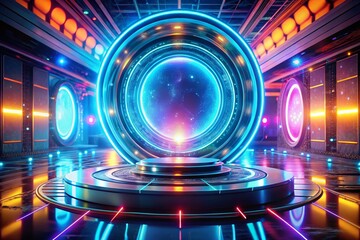 Futuristic Game Portal: Hologram Light, Neon Circle, Sci-Fi Teleportation, Bokeh