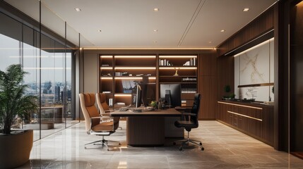 Obraz premium A professional workspace with dual monitors, a sleek desk setup, and ambient lighting