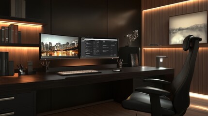 Naklejka premium A professional workspace with dual monitors, a sleek desk setup, and ambient lighting
