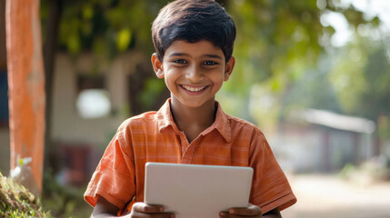 school boy holding tablet