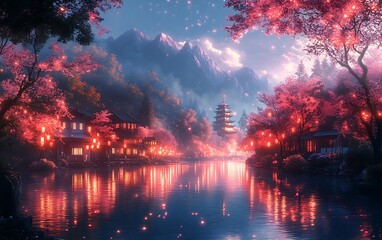 Serene Japanese Village Night Scene with Blossom Trees