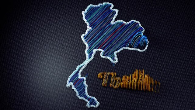 3D animation of an embroidered map of Thailand. The colorful threads and fabric are shown from various perspectives, with motion effects highlighting the details and the word Thailand.