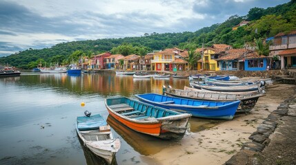 A quaint fishing village with colorful boats docked at the harbor
