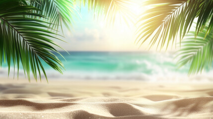 Fototapeta premium Close-up of sunlight filtering through lush green palm leaves, casting intricate shadows on a sandy beach