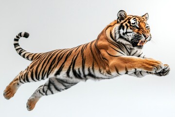 Obraz premium Tiger leaping with mouth open on white background