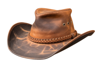 Brown leather cowboy hat with a woven band and curved brim, isolated on transparent background PNG