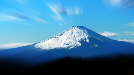 Fototapeta premium 青い空に美しく雪化粧する富士山の雄大ワイドな横長バナー素材（イラスト調レタッチ＆色彩加工イメージ）