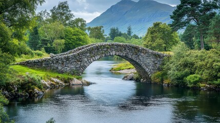 A rustic stone bridge over a calm river, surrounded by lush greenery