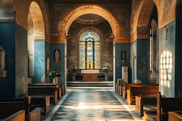 Fototapeta premium Sunlight illuminating stained glass window in empty church
