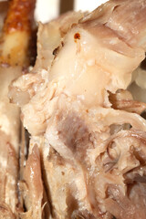 Closeup of an eaten chewed chicken duck leg bone with meat and tendon on a white background