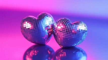 Two shiny disco ball hearts romantic event Valentine's Day concept