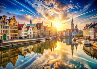Naklejka premium Ghent Cityscape: Double Exposure of Leie River & Medieval Architecture
