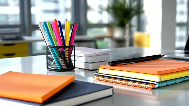 A bright, modern white desk with a stack of eye-catching notebooks, assorted pens, and a laptop, ready for a productive day.