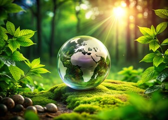 Glass Globe on Green Leaves: Ecology, Renewable Resources, Tech Banner
