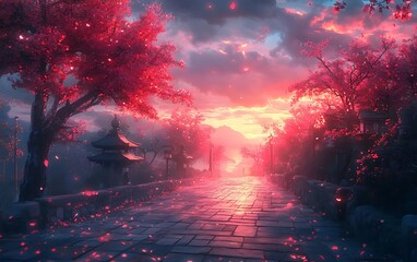 Serene Cherry Blossom Village at Sunset Digital Art