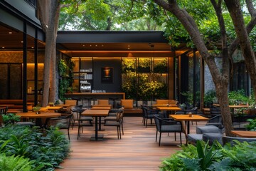 Fototapeta premium Modern outdoor restaurant patio featuring wooden deck and lush greenery