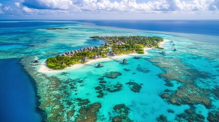 Obraz premium A serene aerial shot of a tropical lagoon with crystal-clear water and coral reefs