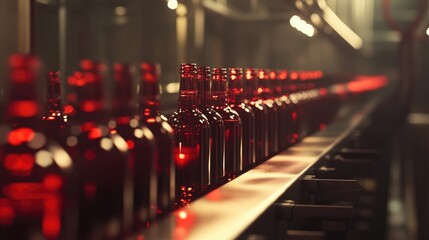 Wine bottles moving on a conveyor belt in a winery.