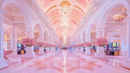 Obraz premium Elegant Pink Casino Hallway with Slot Machines and Floral Arrangements: A Luxurious Gaming Experience
