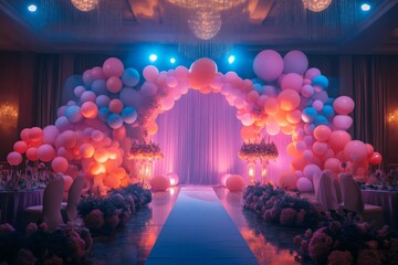 Colorful balloon arch and flower arrangements decorating a wedding reception venue