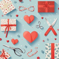 Flat Lay of Valentine&rsquo;s Gift Wrapping Scene with Ribbons and Tags, Valentine&rsquo;s Day, Valentine&rsquo;s Day image